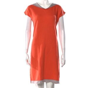 Saks Fifth Avenue Orange and Gray Short Sleeve V-Neck Hooded Mini Shift Dress